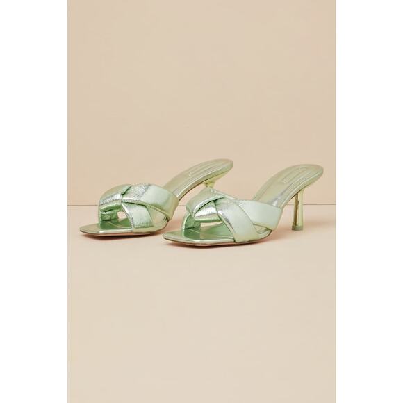 D'Amelio Footwear Leenoa Pistachio Green Metallic Knotted High Heel Slides - Picture 1 of 5